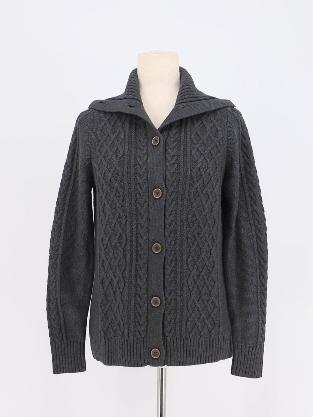 L.L.BEAN Women's Cable Knit Button Front Cardigan Sweater Charcoal Gray Size M